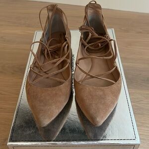 Loeffler Randall Ambra Nude Lace Up Flats with tassel tie, size 7